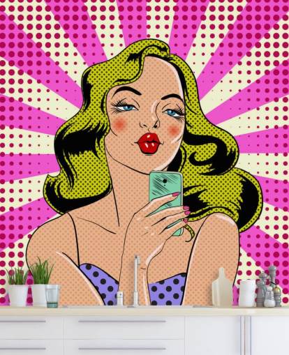 blonde lady holding a phone and pouting pop art wallpaper