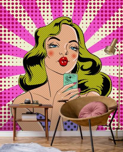 blond lady holding a phone and pouting pop art wallpaper
