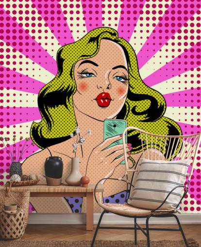 blonde lady holding a phone and pouting pop art wallpaper