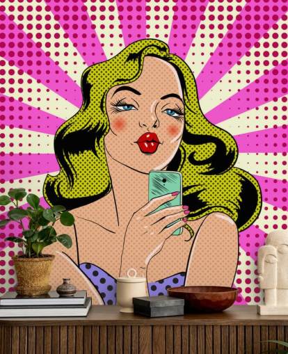 blond lady holding a phone and pouting pop art wallpaper