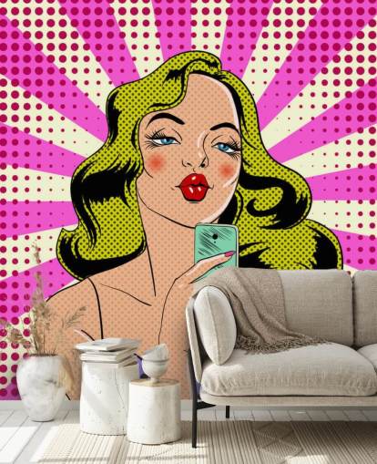 blond dame, der holder en telefon og pudser pop art tapet blond dame, der holder en telefon og pudser pop art tapet