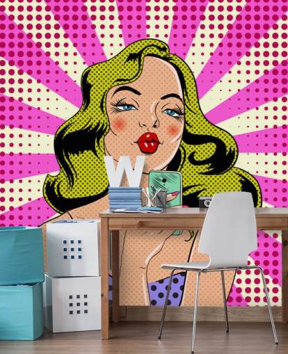 blonde lady holding a phone and pouting pop art wallpaper