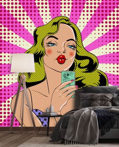 blond lady holding a phone and pouting pop art wallpaper