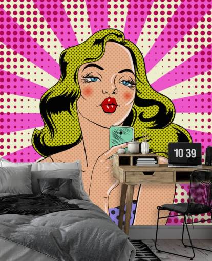 blonde lady holding a phone and pouting pop art wallpaper