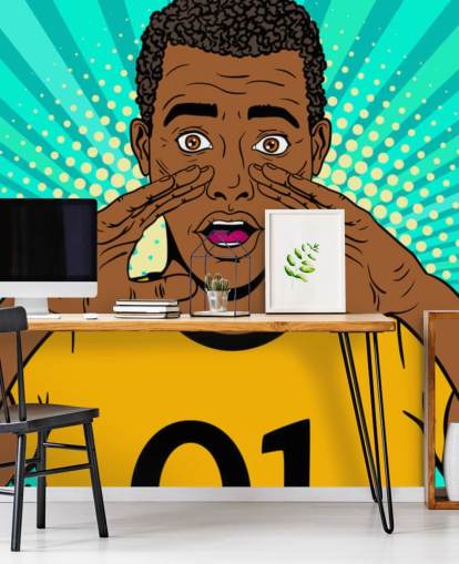 jogador de futebol em camiseta amarela gritando papel de parede pop art