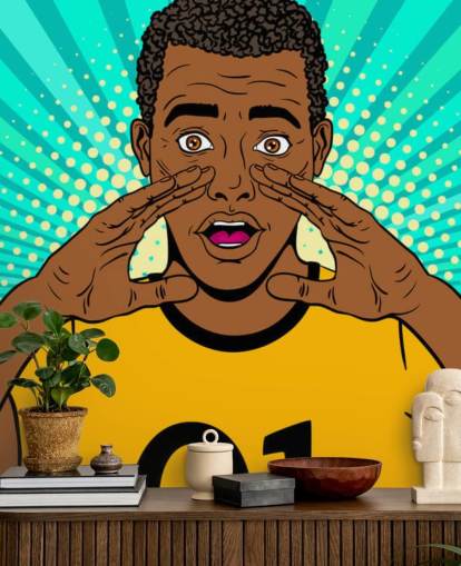 footballer in yellow t shirt shouting pop art wallpaper