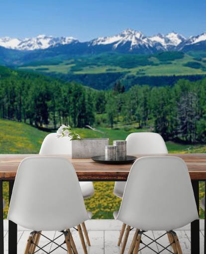 keltainen niitty kenttä lumiset vuoret etäisyyden taustakuva