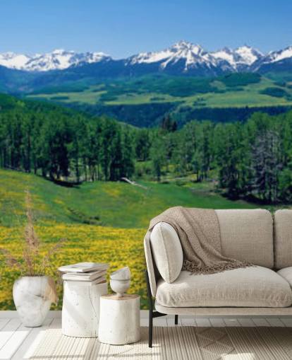 campo de prado amarillo con montañas nevadas en fondo de pantalla de distancia