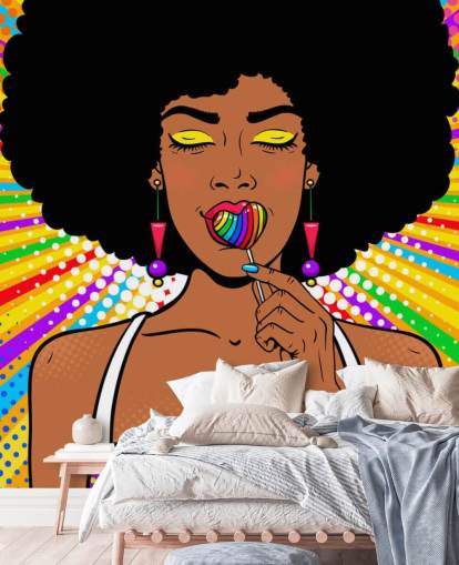 girl with afro sucking rainbow heart shaped lolly on rainbow coloured background wallpaper girl with afro sucking rainbow heart shaped lolly on rainbow coloured background wallpaper