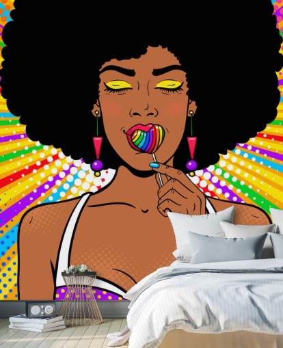 girl with afro sucking rainbow heart shaped lolly on rainbow colored background wallpaper