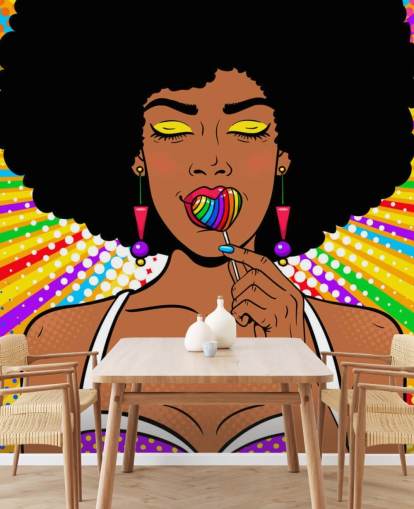 girl with afro sucking rainbow heart shaped lolly on rainbow coloured background wallpaper