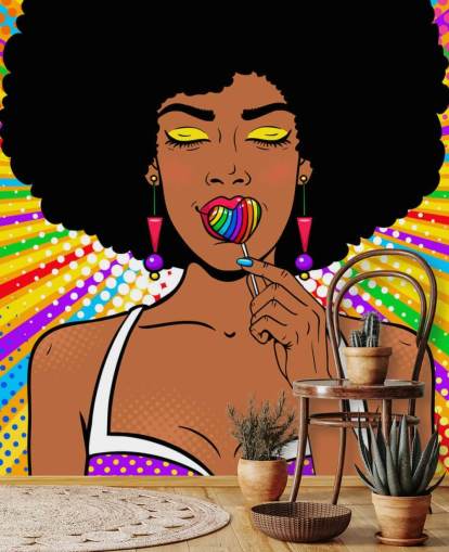 girl with afro sucking rainbow heart shaped lolly on rainbow colored background wallpaper