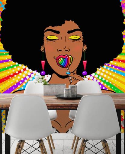 girl with afro sucking rainbow heart shaped lolly on rainbow colored background wallpaper
