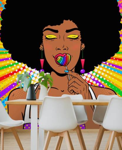 girl with afro sucking rainbow heart shaped lolly on rainbow coloured background wallpaper