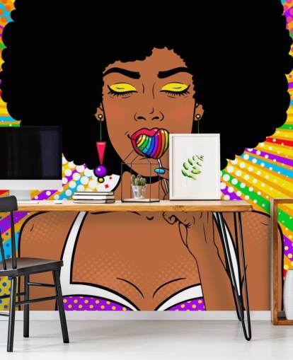 ragazza con lecca-lecca afro che succhia arcobaleno a forma di cuore su sfondo color arcobaleno ragazza con lecca-lecca afro che succhia arcobaleno a forma di cuore su sfondo color arcobaleno