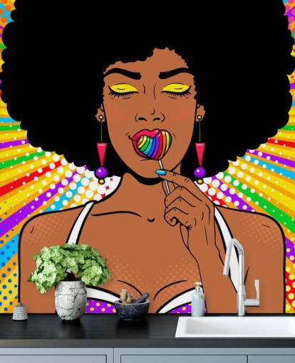 girl with afro sucking rainbow heart shaped lolly on rainbow coloured background wallpaper