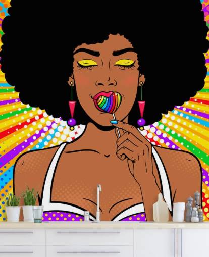 girl with afro sucking rainbow heart shaped lolly on rainbow colored background wallpaper