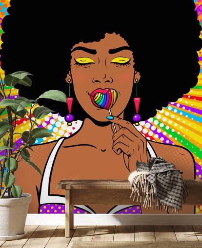 flicka med afro sugande regnbåge hjärtformad lolly på regnbågsfärgad bakgrund tapet flicka med afro sugande regnbåge hjärtformad lolly på regnbågsfärgad bakgrund tapet