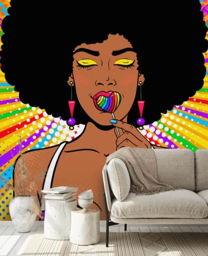 girl with afro sucking rainbow heart shaped lolly on rainbow coloured background wallpaper