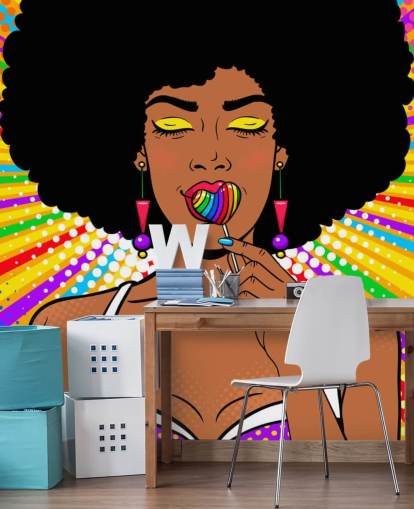 Herzförmiger Regenbogen-Lolly auf regenbogenfarbener Hintergrundtapete mit Afrosaugen