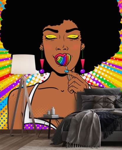 girl with afro sucking rainbow heart shaped lolly on rainbow coloured background wallpaper
