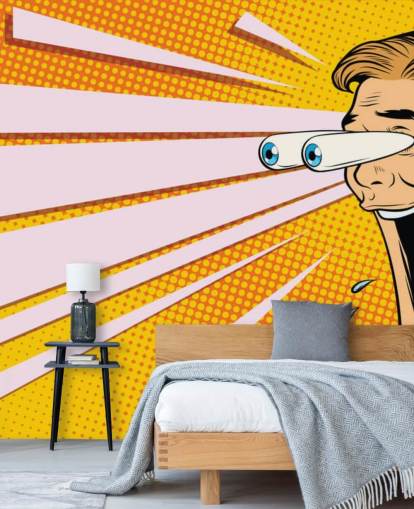 papel pintado de arte pop de un hombre babeando con la boca abierta y los ojos saliéndose de la cabeza