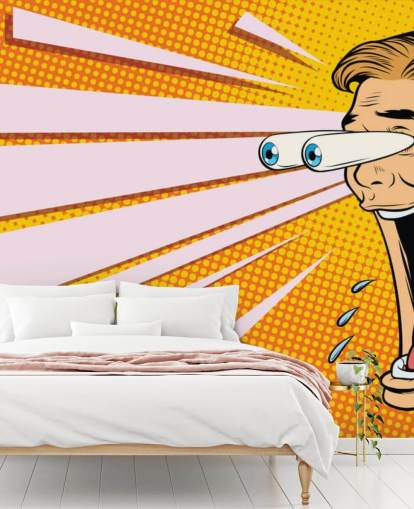 Pop-Art-Tapete mit sinkendem Kinn und aus dem Kopf springenden Augen sabbert