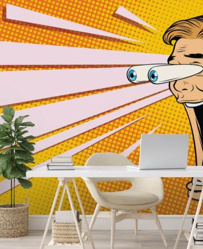mies kuolaa leuanpudotuksella ja silmät ponnahtavat päähän pop art tapetti