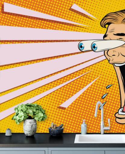 uomo che sbava con la mascella lasciata cadere e gli occhi che spuntano dalla testa carta da parati pop art