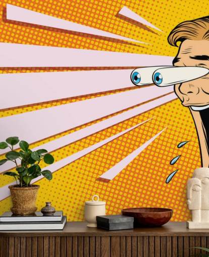 papel pintado de arte pop de un hombre babeando con la boca abierta y los ojos saliéndose de la cabeza