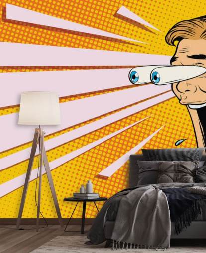 man kwijlt met openvallende ogen en ogen die uit het hoofd knallen pop-art behang