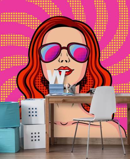 roodharig meisje met zonnebril pop-art behang