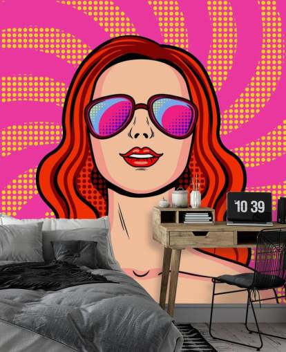 ragazza dai capelli rossi che indossa occhiali da sole, carta da parati pop art ragazza dai capelli rossi che indossa occhiali da sole, carta da parati pop art
