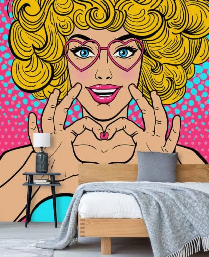 chica de pelo rubio rizado haciendo un corazón de amor con las manos fondo de pantalla retro chica de pelo rubio rizado haciendo un corazón de amor con las manos fondo de pantalla retro