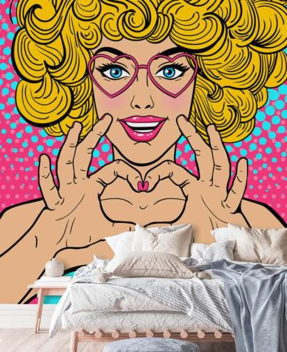 chica de pelo rubio rizado haciendo un corazón de amor con las manos fondo de pantalla retro