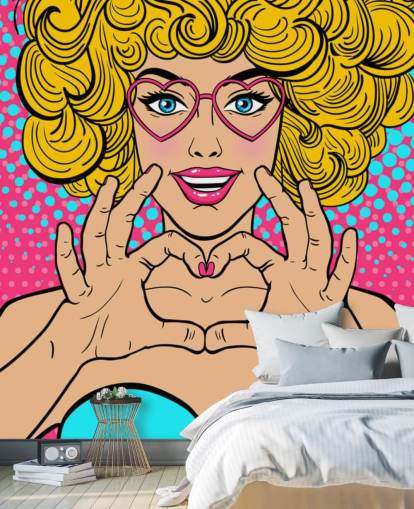 chica de pelo rubio rizado haciendo un corazón de amor con las manos fondo de pantalla retro chica de pelo rubio rizado haciendo un corazón de amor con las manos fondo de pantalla retro