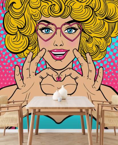 curly blond haired girl making a love heart with hands retro wallpaper