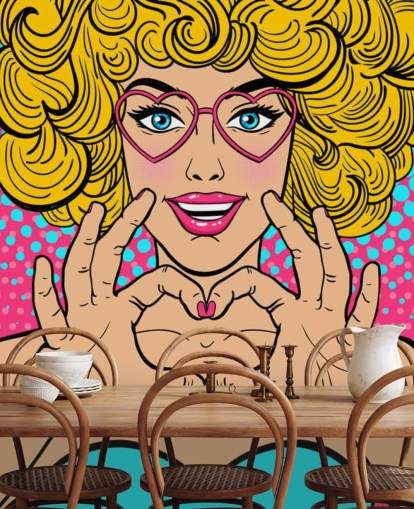 curly blond haired girl making a love heart with hands retro wallpaper