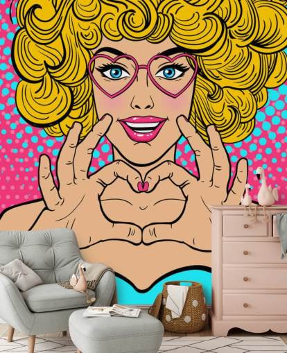 krøllet blond hår pige gør en kærlighed hjerte med hænder retro tapet