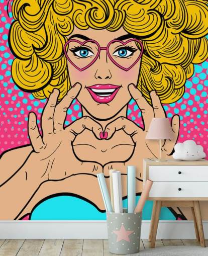 krøllet blond hår pige gør en kærlighed hjerte med hænder retro tapet
