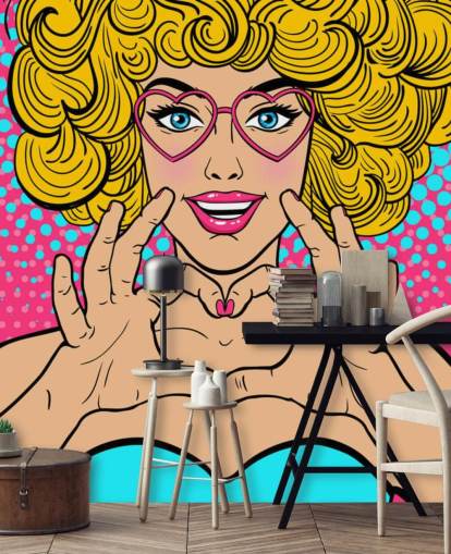 curly blond haired girl making a love heart with hands retro wallpaper