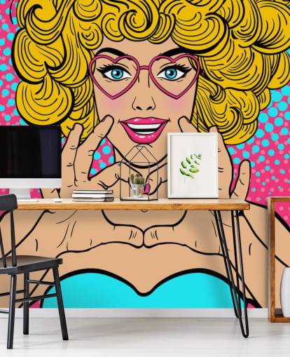 curly blond haired girl making a love heart with hands retro wallpaper