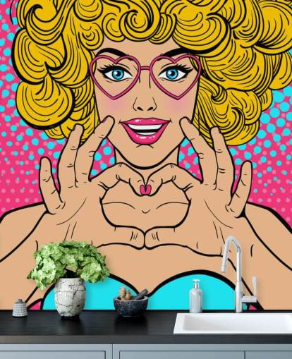 curly blond haired girl making a love heart with hands retro wallpaper