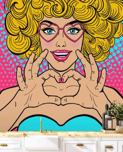 krullend blond haar meisje het maken van een liefde hart met handen retro behang krullend blond haar meisje het maken van een liefde hart met handen retro behang