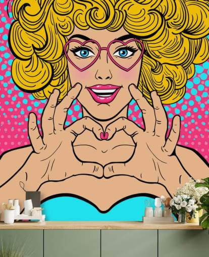 curly blond haired girl making a love heart with hands retro wallpaper
