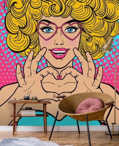 curly blond haired girl making a love heart with hands retro wallpaper