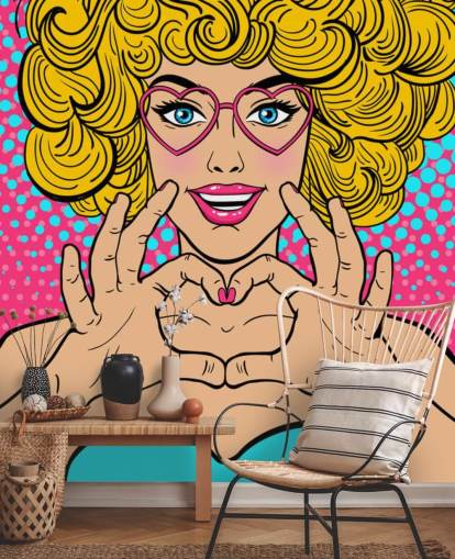curly blond haired girl making a love heart with hands retro wallpaper