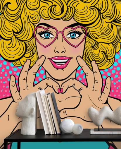 curly blond haired girl making a love heart with hands retro wallpaper