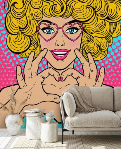 lockigt blont hårig flicka gör ett kärlekshjärta med händerna retro tapeter