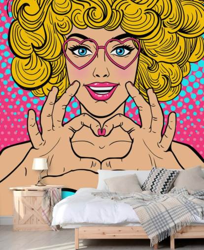curly blond haired girl making a love heart with hands retro wallpaper curly blond haired girl making a love heart with hands retro wallpaper